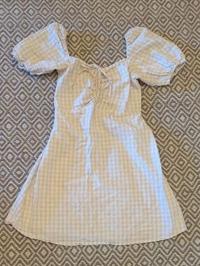 H&M Gingham Puff-Sleeve Dress Linen Cotton Blend Small